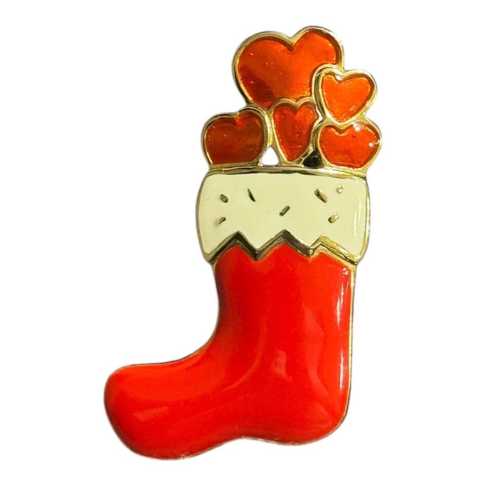 Pin/Brooch. Red and Gold Heart Stocking Pin. 1 in x 1/2 in. Excellent Condition - Picture 2 of 6